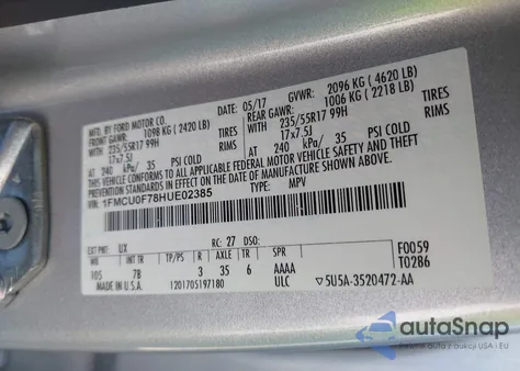 2017 Ford Escape S из США, поврежденный, VIN 1FMCU0F78HUE02385